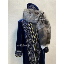 Башкирский национальный костюм "Елян + шапка "Салават". Национальный халат Зелян зеленого цвета и шапка бурек лиса огневка [CLONE]