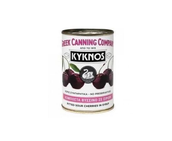 Вишня Б/К в сладком сиропе KYKNOS 
сладкая вишня без косточки 56%, вода, сахар 8.8%
вес сухого продукта г, вес нетто 425 г